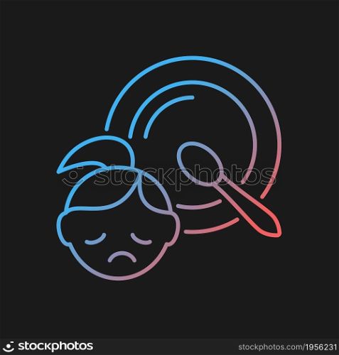 Child hunger gradient vector icon for dark theme. Food insecurity and starvation. Risk of kid health problems. Thin line color symbol. Modern style pictogram. Vector isolated outline drawing. Child hunger gradient vector icon for dark theme