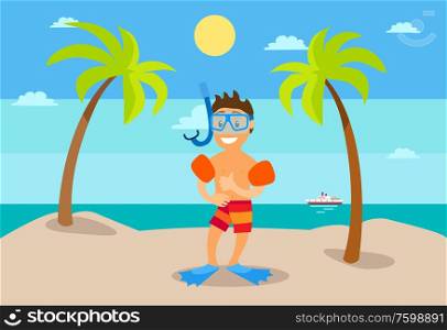 Child in flippers and inflatable circles, standing on beach between palm trees, smiling character in shorts. Sea view with ship, sunny weather vector. Boy Standing on Beach, Palm Tree and Sea Vector