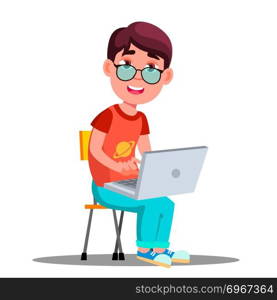 Child In Glasses At The Laptop Vector. Illustration. Child In Glasses At The Laptop Vector. Isolated Illustration