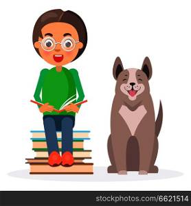 Child in glasses sitting on pile of literature with siberian husky and holds open book vector illustration on white background.. Child in Glasses Sitting with Books and Husky