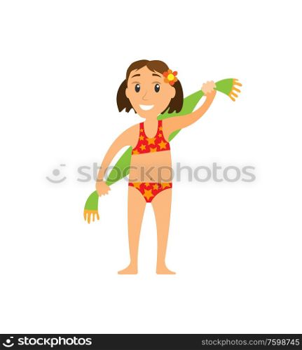 Child in swimsuit holding towel on back, portrait and full length view of smiling girl with flower in hair, brunette woman on summer vacation vector. Girl in Swimsuit Holding Towel, Summer Vector