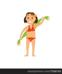 Child in swimsuit holding towel on back, portrait and full length view of smiling girl with flower in hair, brunette woman on summer vacation vector. Girl in Swimsuit Holding Towel, Summer Vector