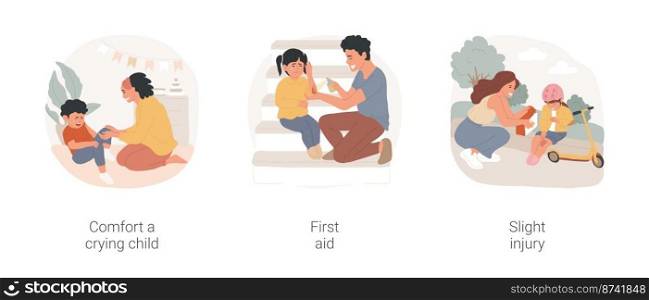Child injury treatment isolated cartoon vector illustration set. Parent comfort crying child, home first aid, puts bandage, treating childs wound, slight injury, patch on elbow vector cartoon.. Child injury treatment isolated cartoon vector illustration set.