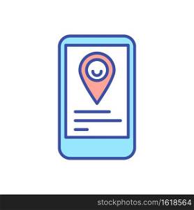 Child location report app RGB color icon. Parental control for children. Application with navigator. Mobile phone. GPS marker to stay connected with family. Isolated vector illustration. Child location report app RGB color icon