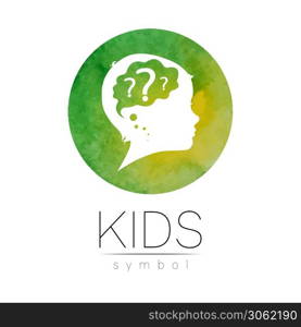 Child logotype with brain and question in green watercolor brush circle vector. Silhouette profile human head. Concept logo for people, children, autism, kids, clinic, education. Template design.. Child logotype with brain and question in green watercolor brush circle vector. Silhouette profile human head. Concept logo for people, children, autism, kids, clinic, education. Template design