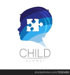 Child logotype with puzzle in few violet colors, vector. Silhouette profile human head. Concept logo for people, children, autism, kids, therapy, clinic, education. Template modern design on white.. Child logotype with puzzle in few blue colors, vector. Silhouette profile human head. Concept logo for people, children, autism, kids, therapy, clinic, education. Template modern design on white