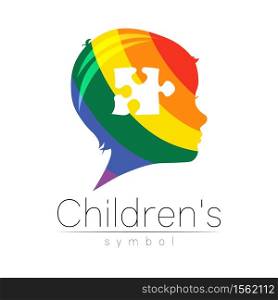 Child logotype with puzzle in rainbow colors, vector. Silhouette profile human head. Concept logo for people, children, autism, kids, therapy, clinic, education. Template design on white background.. Child logotype with puzzle in rainbow colors, vector. Silhouette profile human head. Concept logo for people, children, autism, kids, therapy, clinic, education. Template design on white background