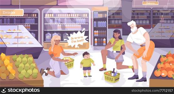 Child lost background with shopping with child symbols flat vector illustration. Child Lost Background