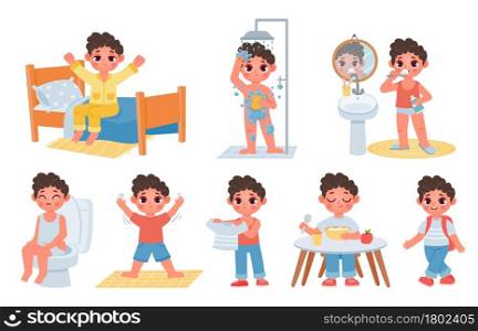 Child morning daily routine with cute cartoon boy character. Kid wake up, do hygiene, brush teeth and sit on potty. Day schedule vector set. Illustration of daily character routine. Child morning daily routine with cute cartoon boy character. Kid wake up, do hygiene, brush teeth and sit on potty. Day schedule vector set