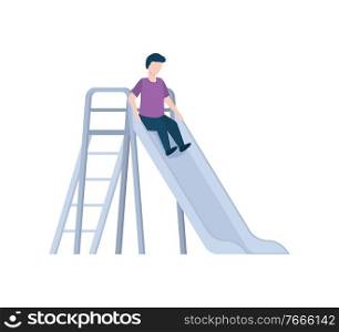 Child moving down hill, character in casual clothes, portrait view of kid, metal slide. Activity outdoor, element of entertainment boy on slope vector. Boy on Metal Hill, Child on Playground Vector