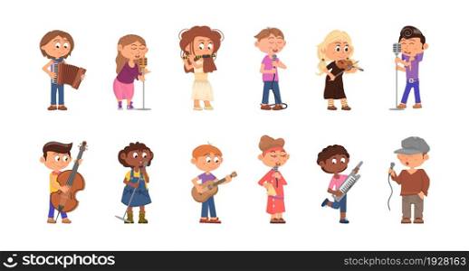 Child musicians. Kids with microphone, cartoon singer and musician. Children play on musical instruments, cartoon concert vector characters. Cartoon musician singer, accordion and flute illustration. Child musicians. Kids with microphone, cartoon singer and musician. Children play on musical instruments, cartoon concert decent vector characters