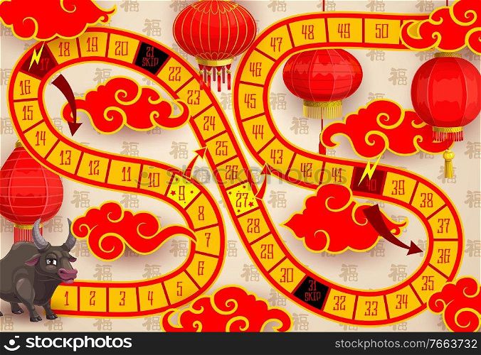 Child New Year board game with Chinese zodiac ox and paper lanterns. Roll and move board game for kids, children playing activity book page. Oriental red lantern and bull character cartoon vector. Child New Year board game with ox or bull