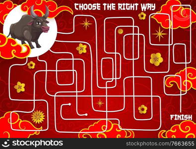 Child New Year maze, find path game with chinese zodiac ox. Children labyrinth game, kids holiday playing activity with search way task. Lotus and cherry golden flowers, bull animal cartoon vector. Child New Year holiday maze, find path game vector