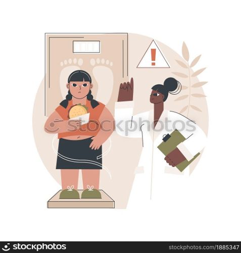 Child obesity and overweight abstract concept vector illustration. Child nutrition, unhealthy habit, overweight treatment, children eating disorder, kids fast food addiction abstract metaphor.. Child obesity and overweight abstract concept vector illustration.