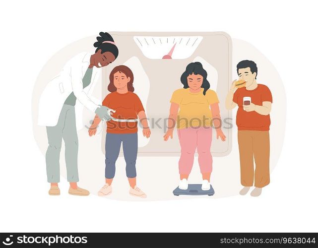 Child obesity and overweight isolated concept vector illustration. Child nutrition, unhealthy habit, overweight treatment, children eating disorder, kids fast food addiction vector concept.. Child obesity and overweight isolated concept vector illustration.