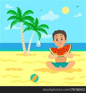 Child on summer vacations vector, kid eating watermelon fruit, slice with seeds. Fruity meal on beach, sailboat and palm trees foliage, ball on sand. Kid Eating Sweet Watermelon with Seed on Beach