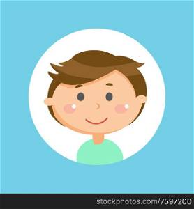 Child or schoolboy with round head and pink shiny cheeks vector. Little boy or kid with brown hair and friendly smile in sweater, cartoon character face. Boy Portrait, Child or Schoolboy with Round Head