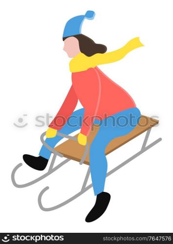 Child or young woman sledding downhill. Girl riding sleigh alone. Person walk in warm clothes like hat and scarf, overcoat and gloves. Human isolated on white background. Vector illustration in flat. Person Sledding Downhill Alone in Winter Park