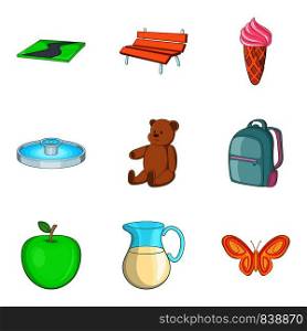 Child paddock icons set. Cartoon set of 9 child paddock vector icons for web isolated on white background. Child paddock icons set, cartoon style