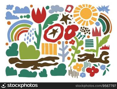 Child painting with flowers in blossom, leaves and foliage. Tulip and sunshine, rainbow and raining weather, bushes and wildflowers adornment. Childlike naive technique. Vector in flat style. Childish painting of flowers and leaves vector