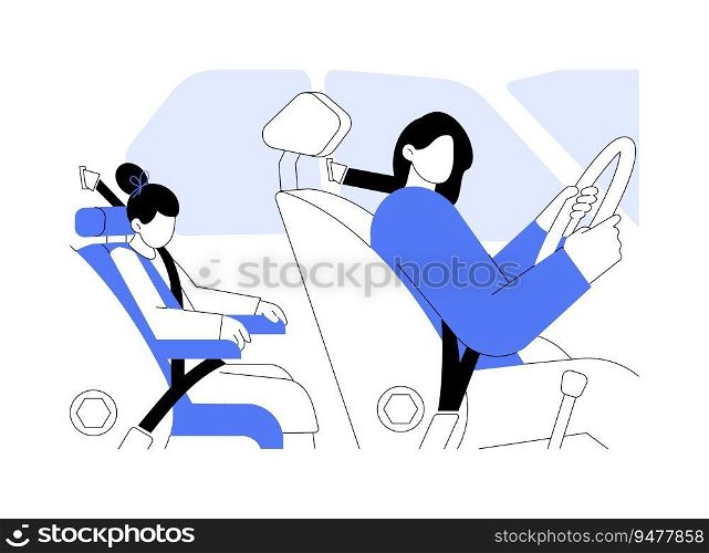 Child passenger safety abstract concept vector illustration. Mom drives automobile when child sits in car seat, public health medicine, reducing motor vehicle crash death abstract metaphor.. Child passenger safety abstract concept vector illustration.