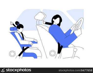 Child passenger safety abstract concept vector illustration. Mom drives automobile when child sits in car seat, public health medicine, reducing motor vehicle crash death abstract metaphor.. Child passenger safety abstract concept vector illustration.