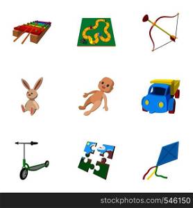 Child play icons set. Cartoon illustration of 9 child play vector icons for web. Child play icons set, cartoon style