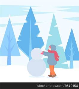 Child playing outdoors in winter season. Child wearing warm clothes sculpting snowman. Kiddo with balls made of snow. Forest with pine trees, outside nature. Character on vacation vector in flat. Kid Sculpting Snowman in Winter Park Outdoors