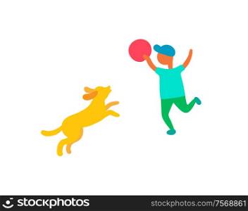 Child playing with dog pet outdoors, vector isolated boy in cap with ball or plate play with puppy canine. Summertime cartoon characters kid and animal. Child Plays with Dog Pet Outdoors, Vector Isolated