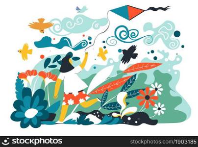 Child playing with paper kite outdoors, windy weather and flourishing flowers and foliage on meadow. Kid on vacations or weekends relaxing outdoors. Girl with favorite toy. Vector in flat style. Girl playing with paper kite outdoors meadows
