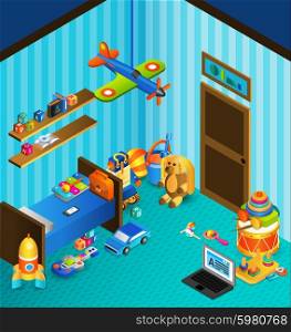 Child playroom concept with isometric bed and isometric toys vector illustration. Playroom Concept Isometric