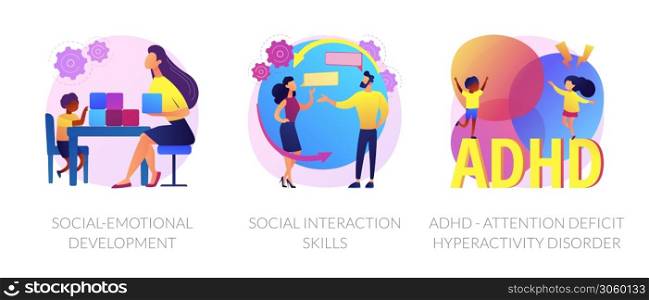 Child psychology icons set. Social-emotional development, social interaction skills, ADHD - attention deficit hyperactivity disorder metaphors. Vector isolated concept metaphor illustrations.. Child psychology vector concept metaphors.