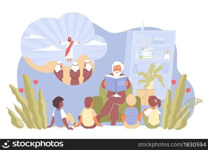 Child religion flat composition with hildren sit and listen to sermons from a priest on religious topics vector illustration. Child Religion Flat Composition