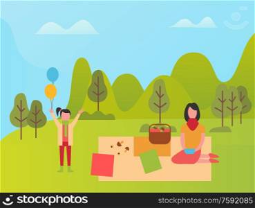 Child rising hands and holding balloons, mother sitting on mat with basket of mushrooms. Mom and daughter in park or forest, family portrait view vector. Mom and Daughter in Park, Family Weekend Vector