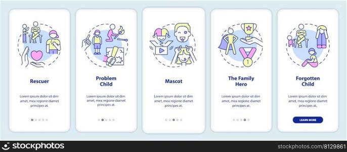 Child roles in dysfunctional families onboarding mobile app screen. Walkthrough 5 steps graphic instructions pages with linear concepts. UI, UX, GUI template. Myriad Pro-Bold, Regular fonts used. Child roles in dysfunctional families onboarding mobile app screen