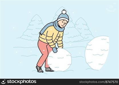 Child rolls big snowball to make snowman outdoors. Boy creates snow sculpture in street. Kid playing winter games outside during snowfall. Vector outline colorful isolated illustration.. Child rolls big snowball to make snowman outdoors.