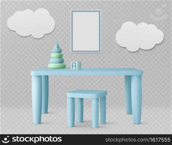Child room with kids table, chair, white poster and clouds on wall. Vector realistic set of furniture for playroom or kindergarten, blue desk with pyramid toy isolated on transparent background. Child room with kids table, chair and white poster