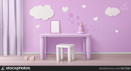 Child room with kids table, chair, white poster and clouds on wall. Vector realistic interior of empty playroom or kindergarten with pyramid toy on pink desk. 3d mockup of blank picture frame. Child room with pink table, chair and white poster