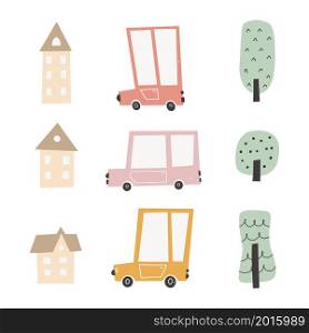 Child&rsquo;s city cars set with cute houses and trees. Funny transport. Cartoon vector illustration in simple childish hand-drawn Scandinavian style for kids.. Child&rsquo;s city cars set with cute houses and trees. Funny transport. Cartoon vector illustration in simple childish hand-drawn.
