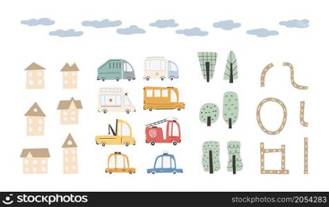 Child&rsquo;s city cars set with cute houses and trees. Funny transport. Cartoon vector illustration in simple childish hand-drawn Scandinavian style for kids. The fire engine, ambulance, police, bus.. Child&rsquo;s city cars set with cute houses and trees. Funny transport. Cartoon vector illustration in simple childish hand-drawn.