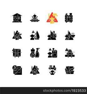 Child safety black glyph icons set on white space. Baby security precautions. Injuries and poisoning prevention. Keep away hazard things from kids. Silhouette symbols. Vector isolated illustration. Child safety black glyph icons set on white space