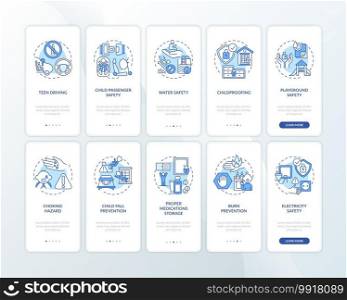 Child safety blue onboarding mobile app page screen with concepts set. Children protection walkthrough 5 steps graphic instructions. UI vector template with RGB color illustrations pack. Child safety blue onboarding mobile app page screen with concepts set