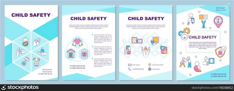 Child safety brochure template. Kids protection. Care for children. Flyer, booklet, leaflet print, cover design with linear icons. Vector layouts for magazines, annual reports, advertising posters. Child safety brochure template