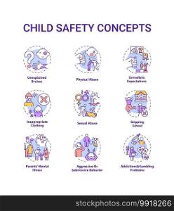 Child safety concept icons set. Parental neglect. Domestic abuse. Children welfare. Kids protection idea thin line RGB color illustrations. Vector isolated outline drawings. Editable stroke. Child safety concept icons set
