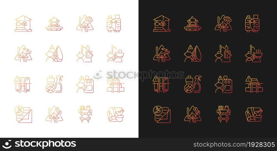 Child safety gradient icons set for dark and light mode. Injuries and poisoning prevention. Thin line contour symbols bundle. Isolated vector outline illustrations collection on black and white. Child safety gradient icons set for dark and light mode
