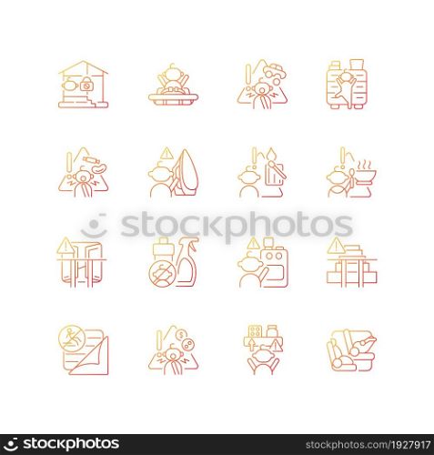 Child safety gradient linear vector icons set. Injuries and poisoning prevention. Keep away hazard things from kids. Thin line contour symbols bundle. Isolated outline illustrations collection. Child safety gradient linear vector icons set