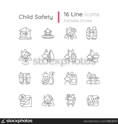 Child safety linear icons set. Baby security precautions. Keep away hazard things from kids. Customizable thin line contour symbols. Isolated vector outline illustrations. Editable stroke. Child safety linear icons set