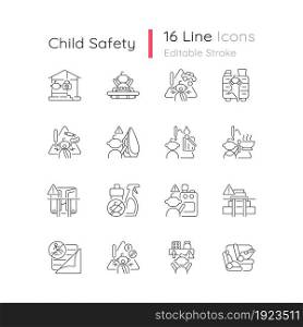 Child safety linear icons set. Baby security precautions. Keep away hazard things from kids. Customizable thin line contour symbols. Isolated vector outline illustrations. Editable stroke. Child safety linear icons set
