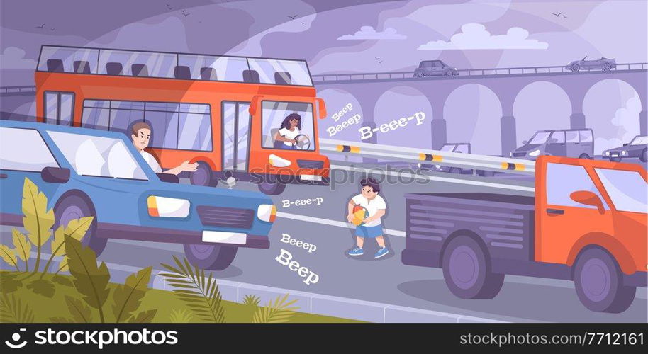 Child safety on road background with cars and kid flat vector illustration. Child Safety On Road Background