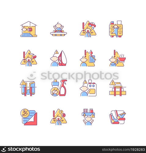 Child safety RGB color icons set. Baby security precautions. Injuries and poisoning prevention. Keep away hazard things from kids. Isolated vector illustrations. Simple filled line drawings collection. Child safety RGB color icons set